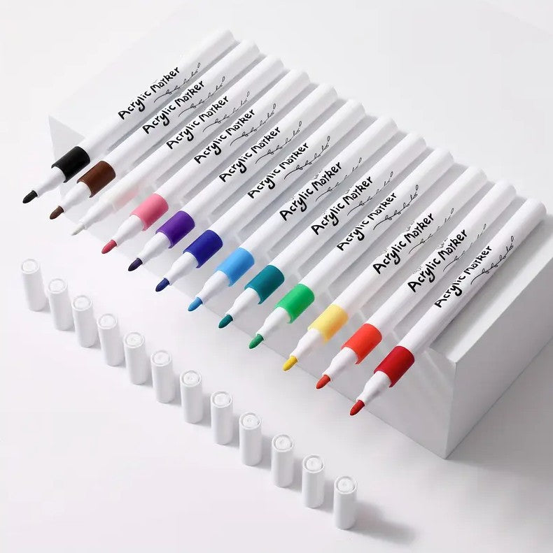 Set 12 markere acrilice, Zola, pentru hartie, piatra, sticla, ceramica, lemn, textile, panza, uscare rapida, cutie depozitare, multicolore Set 12 markere acrilice, Zola, pentru hartie, piatra, sticla, ceramica, lemn, textile, panza, uscare rapida, cutie depozitare, multicolore